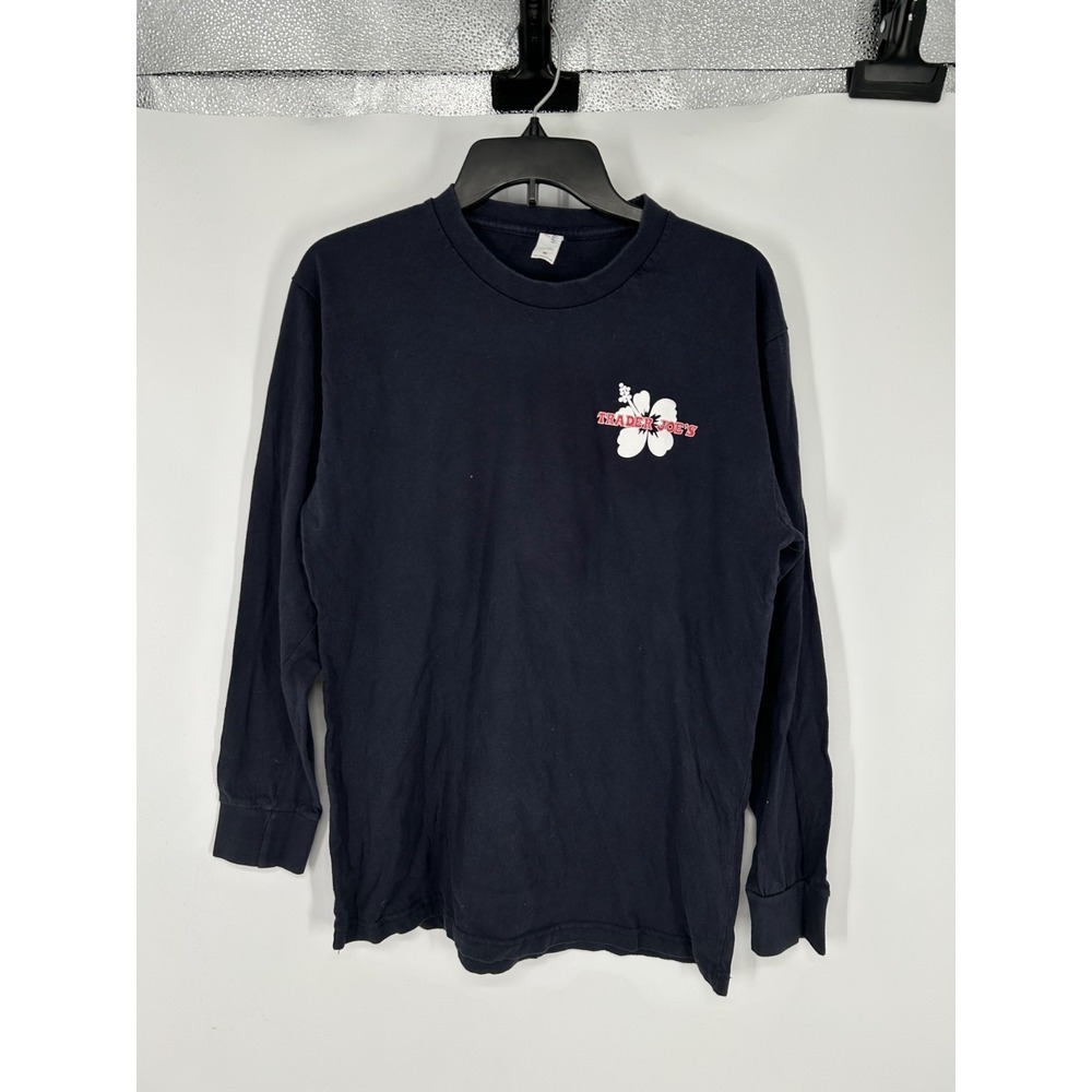 Trader‎ Joes Shirt Medium Navy Hibiscus Employee Uniform Graphic Long Sleeve Tee